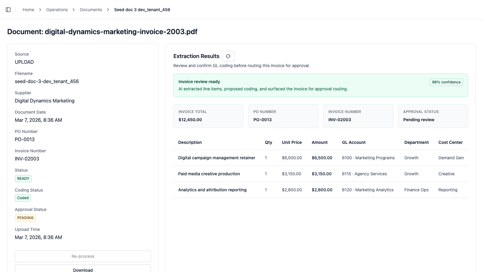 Nexus AP invoice review screen showing extracted fields, coding, and line items