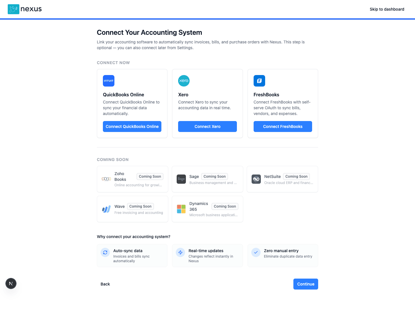 Nexus onboarding screen showing FreshBooks as a connectable accounting system